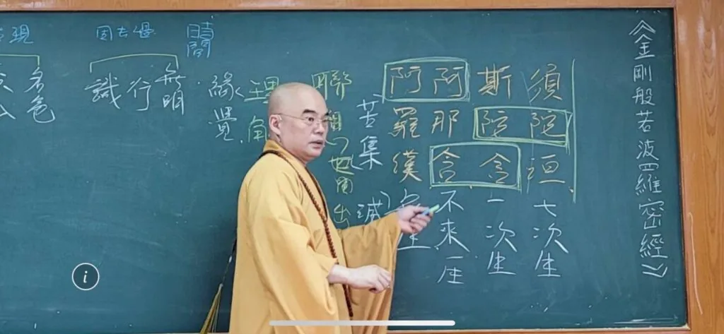 淨覺學苑第三任住持上如下佑大法師於佛學班黑板前講經授課